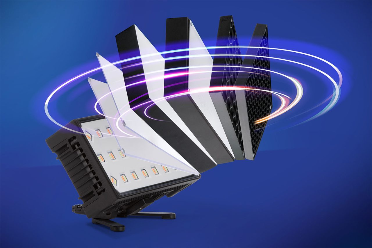 Exploded graphic showing an Astera HydraPanel and its light-shaping accessories.
