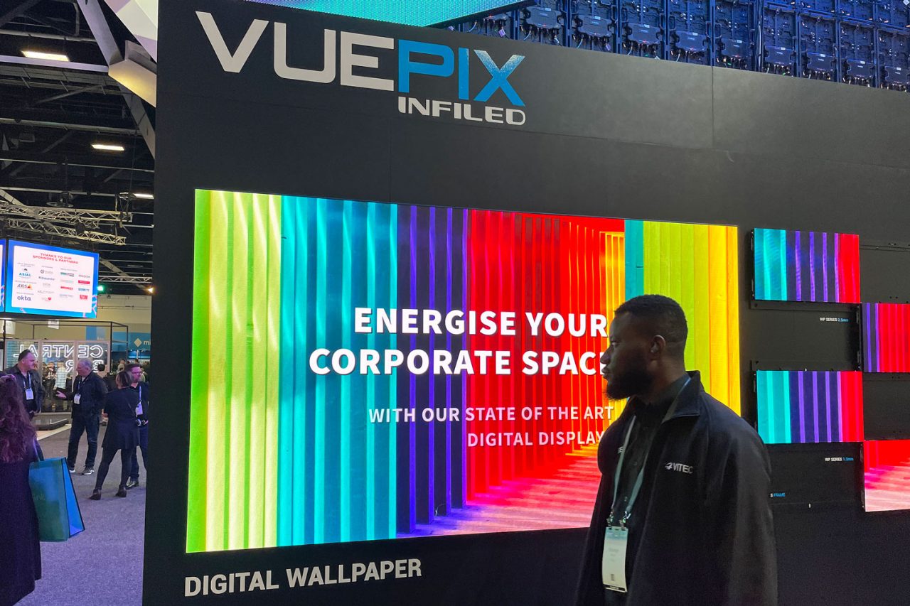 Colourful VuePix Infiled Digital Wallpaper display at ULA's Integrate stand.