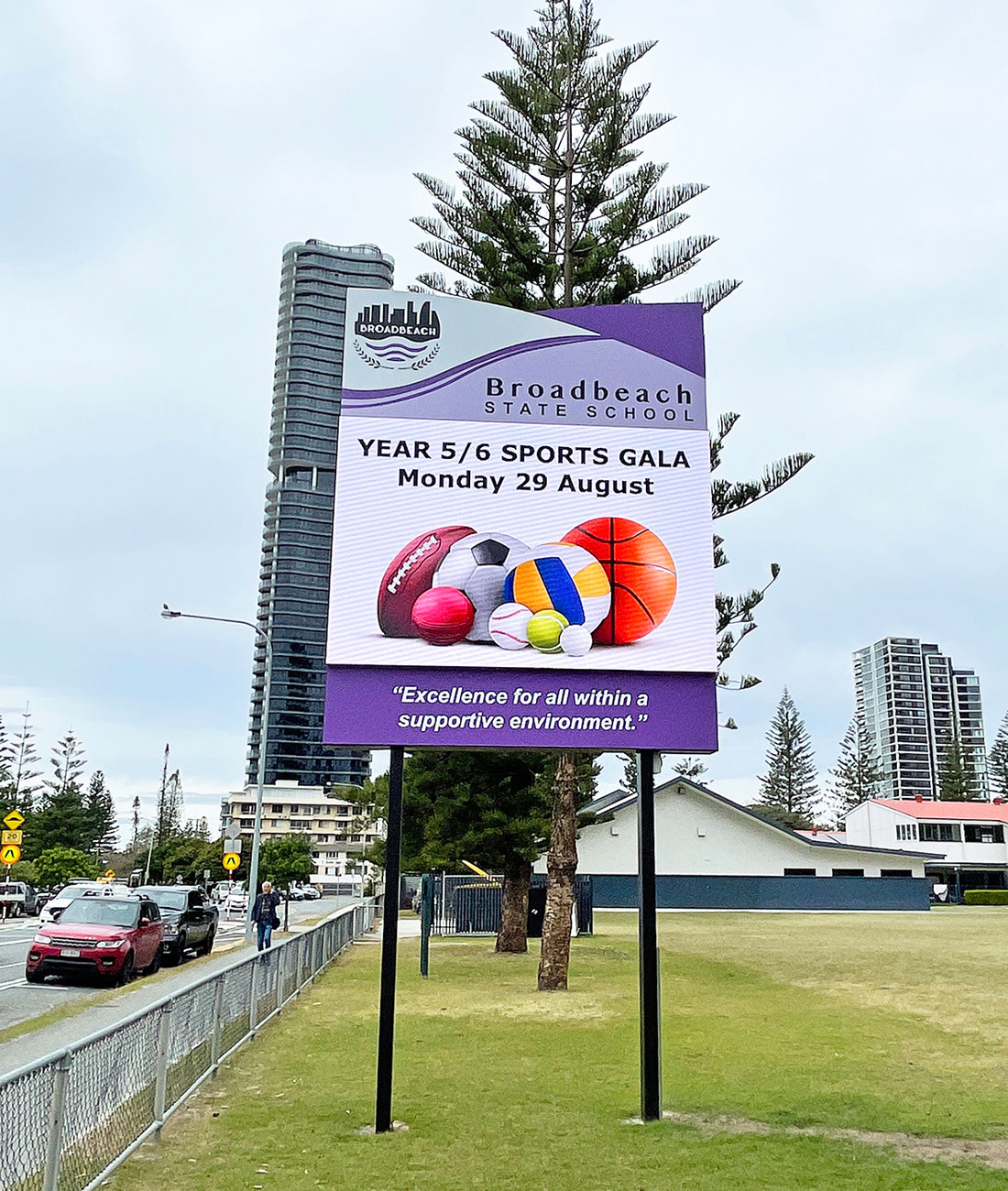 Anniversary artwork on the Broadbeach State School digital sign.