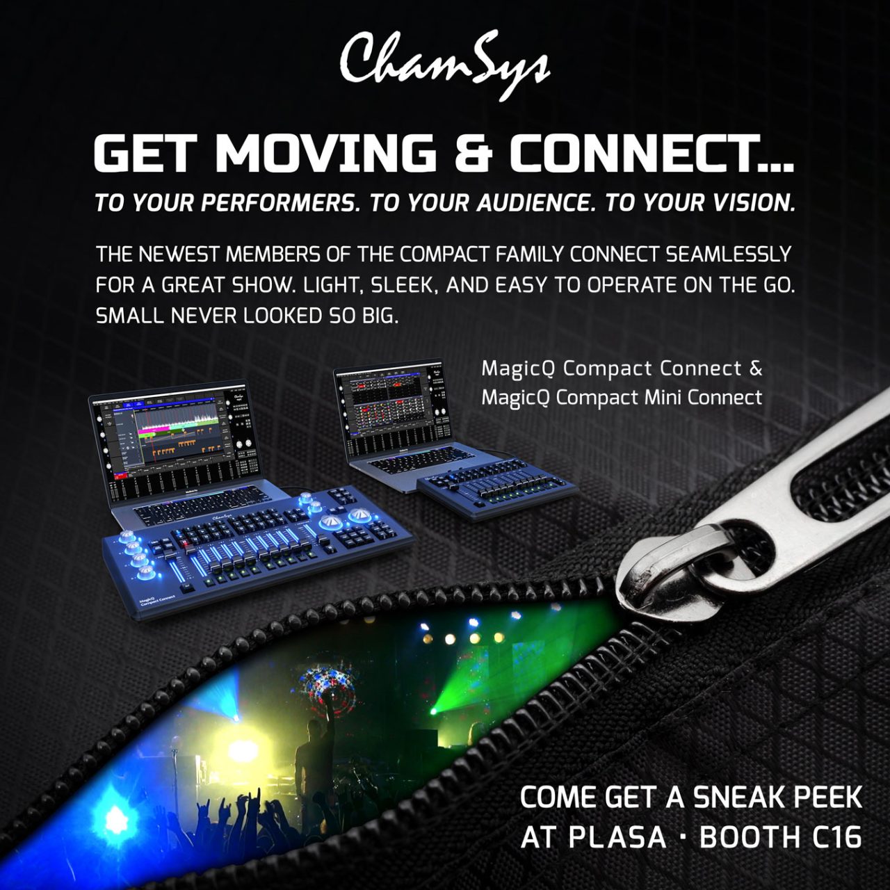 ChamSys invitation to preview MagicQ Compact Connect products at PLASA.