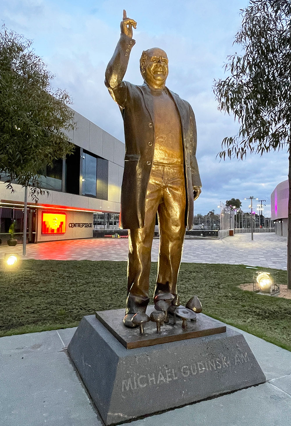 Michael Gudinski memorial on its inscribed plinth outside Rod Laver Arena.