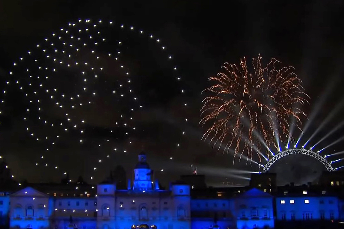 Drone pattern above London's riverside buildings during the New Year light show.