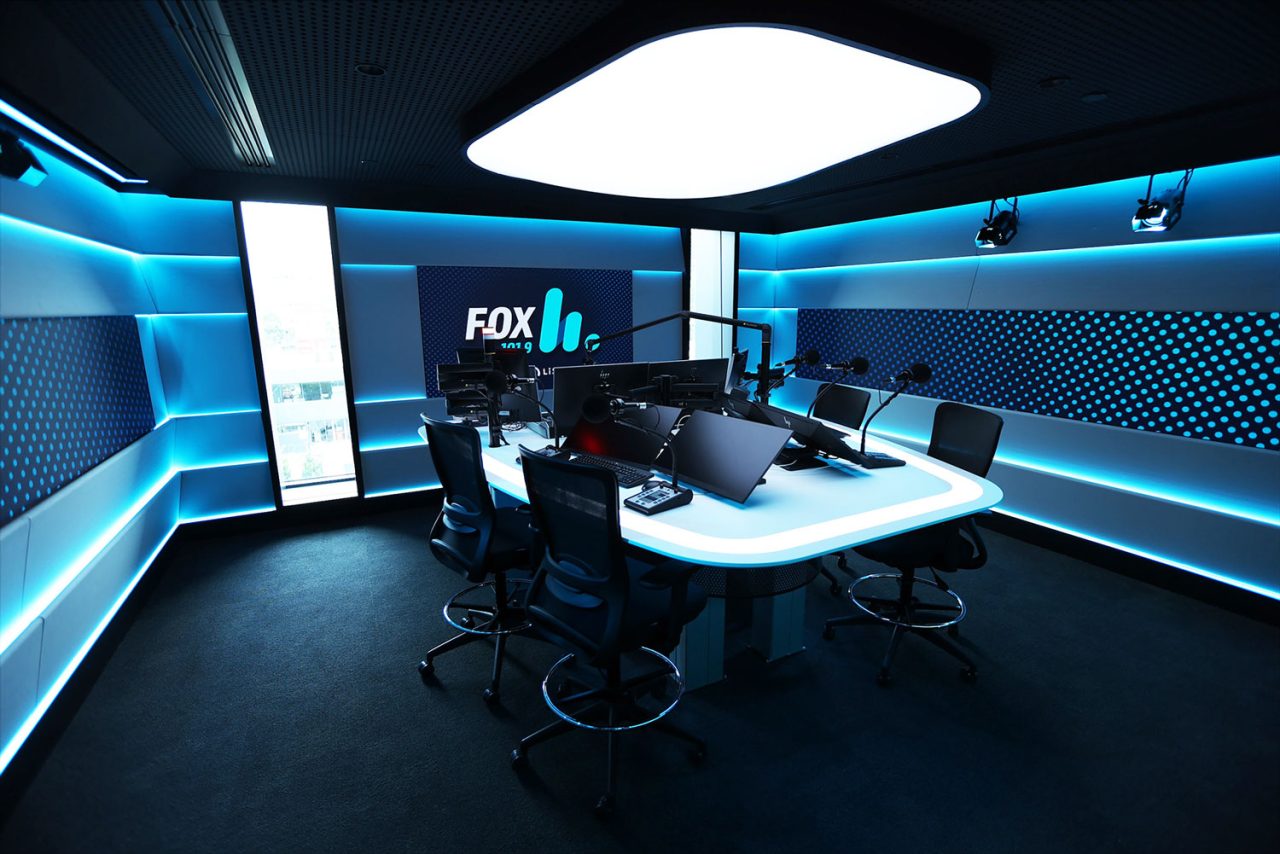 Blue digital wall lighting around the Fox broadcast studio at Southern Cross Austereo.