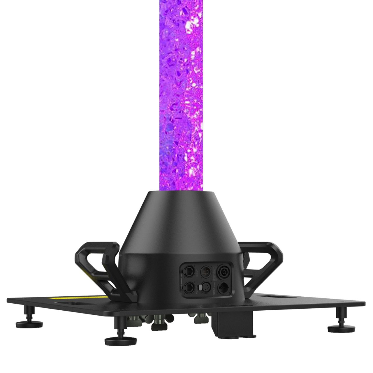 Close view of the base and purple-lit column of an Acme Refracted Light Stand.