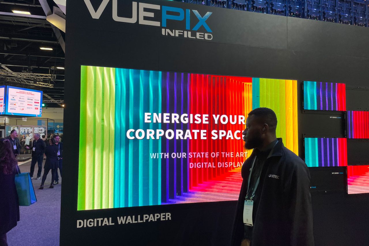 Colourful Digital Wallpaper graphics on a VuePix Infiled exhibition screen.