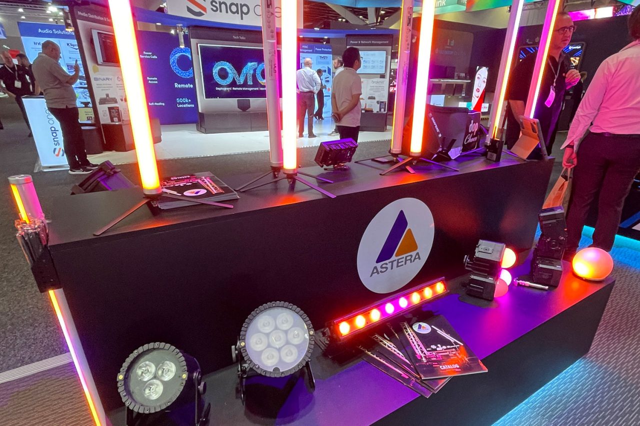 Astera tubes and other lighting fixtures displayed at Integrate 2023.