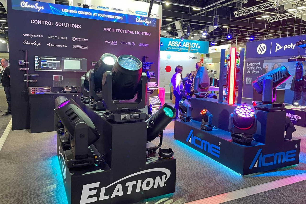 Elation and Acme fixtures displayed at ULA's Integrate 2023 stand.