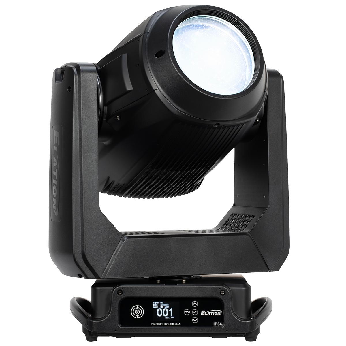 Elation Proteus Hybrid MAX moving-head fixture with a white-lit lens.