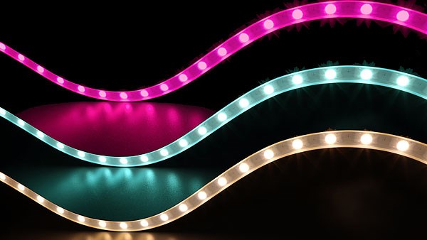 Flexible Griven Krait strips emitting pink, cyan and warm-white light.