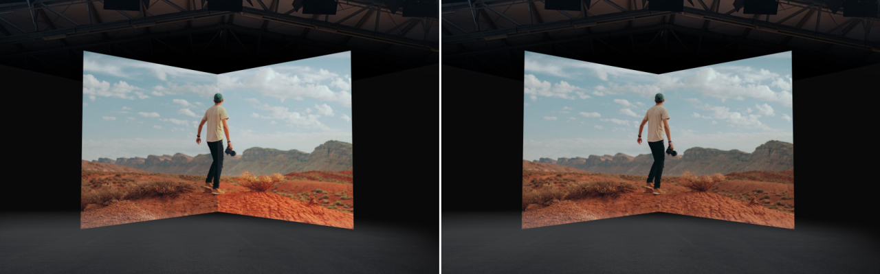 Two corner LED walls showing a desert scene for a viewing-angle comparison.