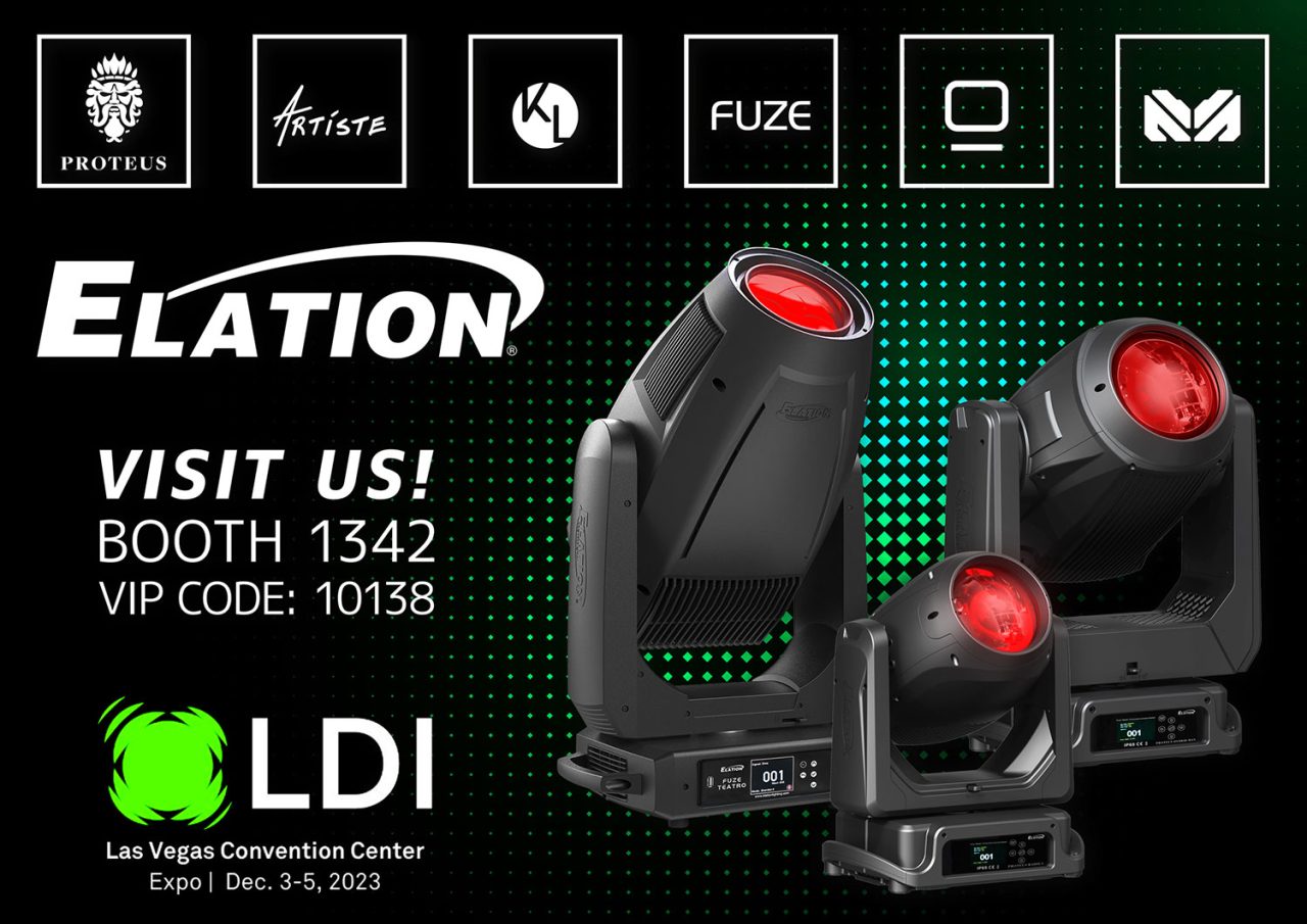 Elation LDI 2023 invitation featuring lighting fixtures and Las Vegas event details.