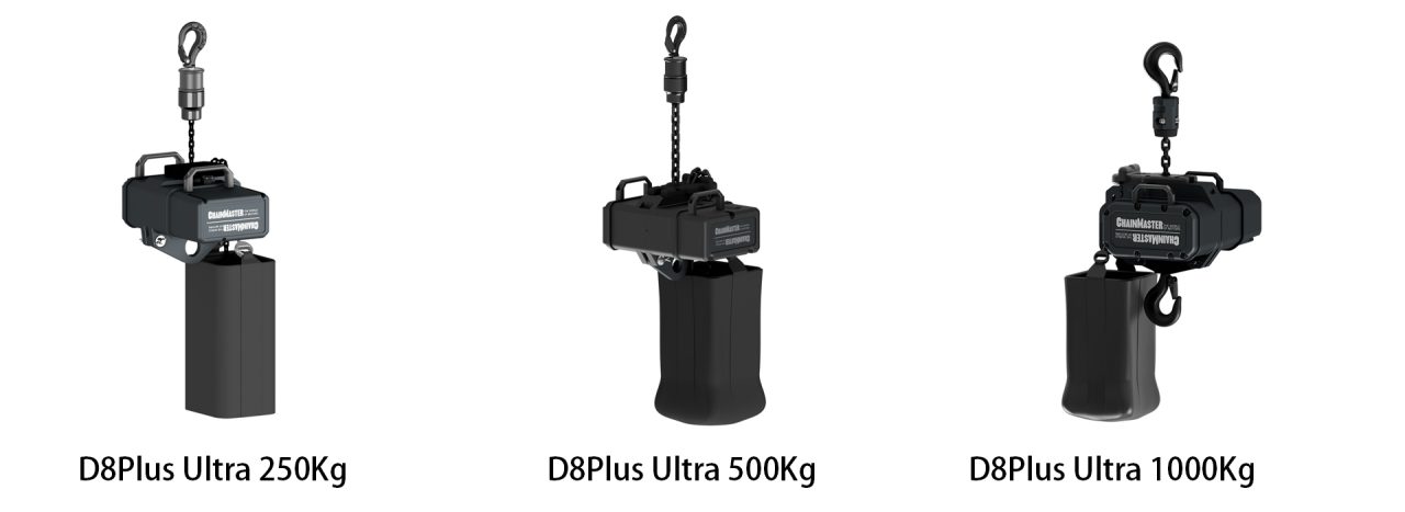 Chainmaster D8 Plus Ultra chain hoists labelled 250 kg, 500 kg and 1,000 kg.