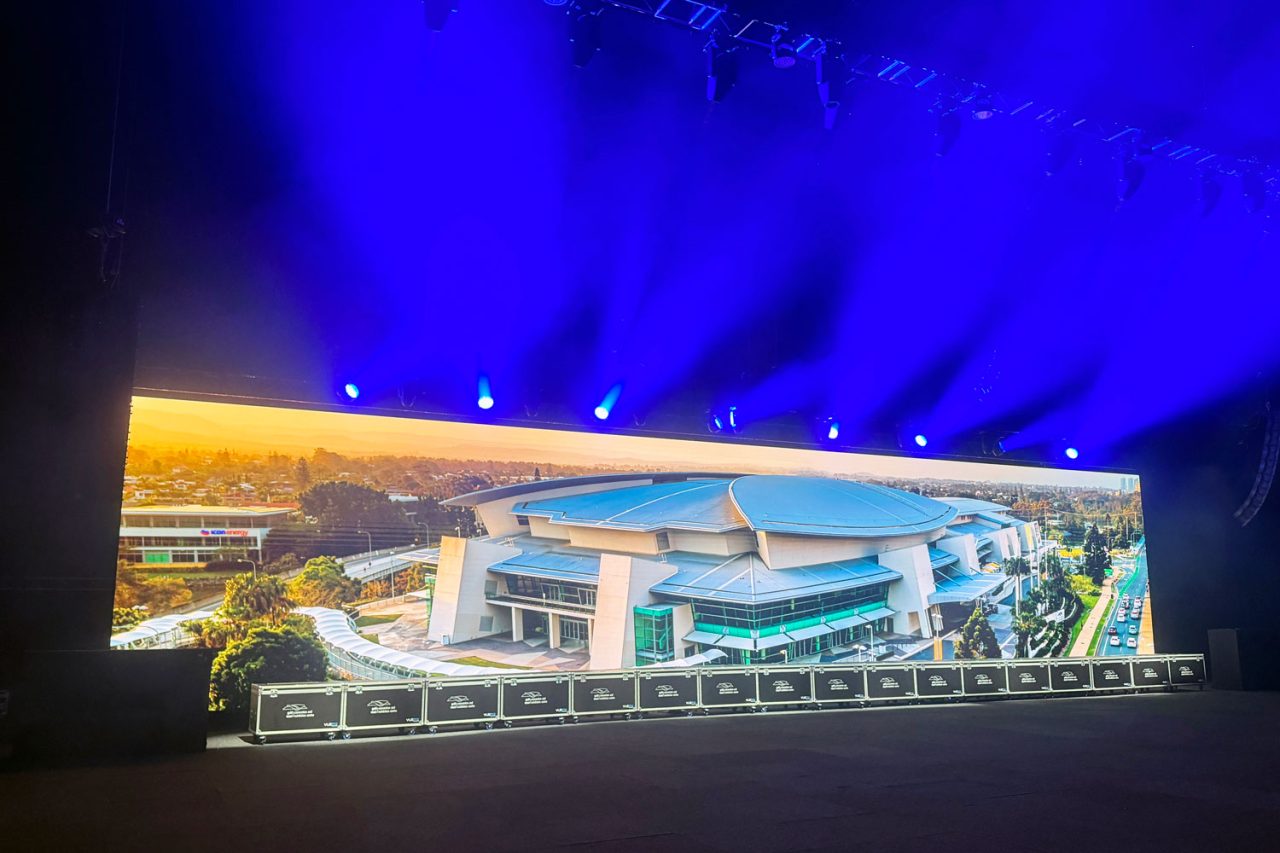 A building photograph across the wide LED wall at Gold Coast Convention and Exhibition Centre.