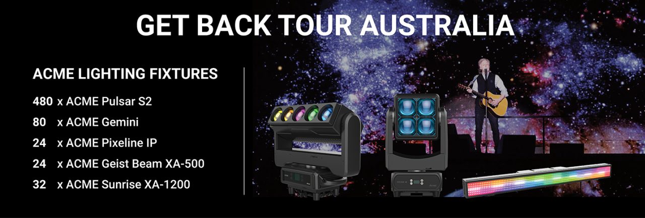 Promotional graphic listing lighting equipment for the Australian Get Back tour.