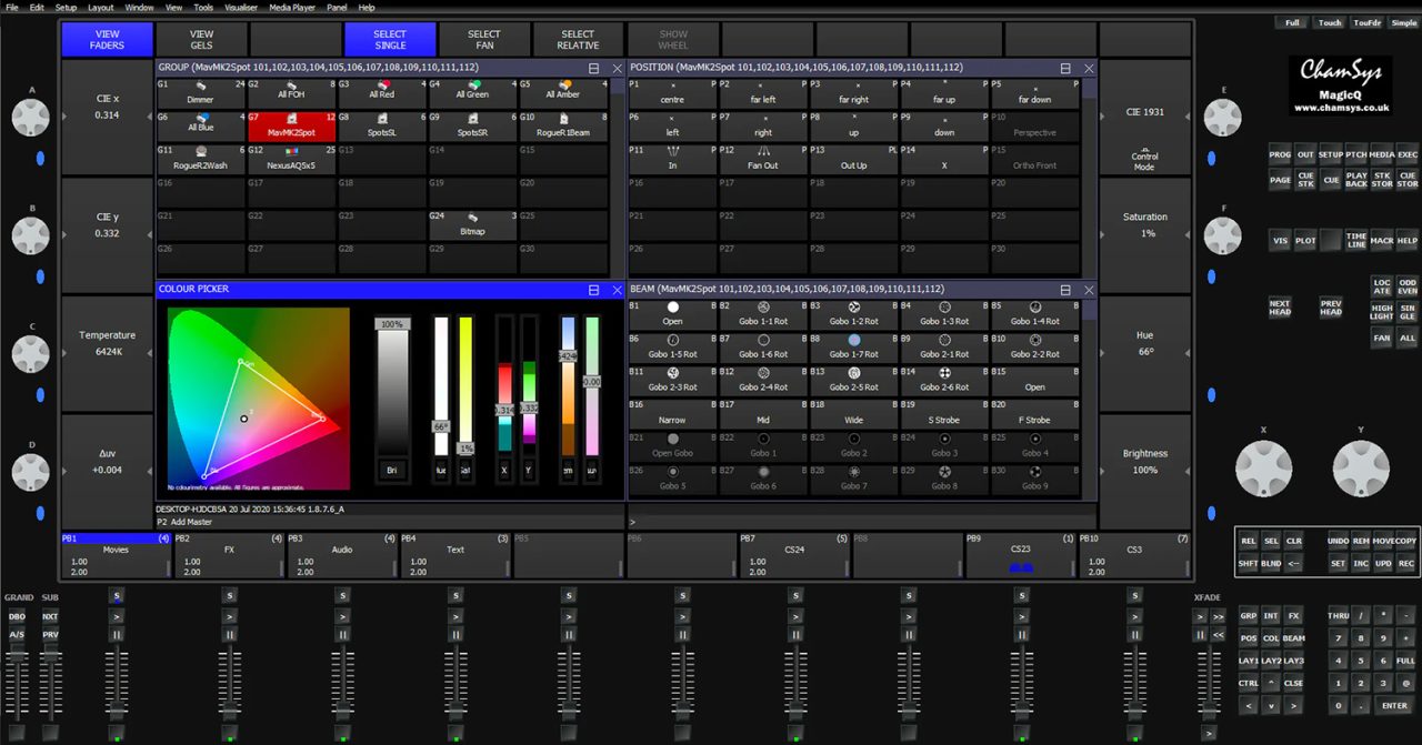 MagicQ lighting control interface showing colour palettes and fixture controls.