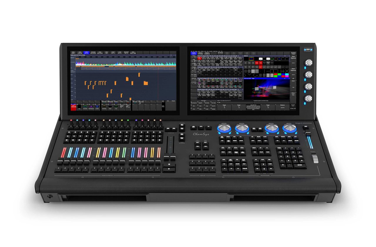 ChamSys MagicQ MQ500M+ lighting console with two raised displays.