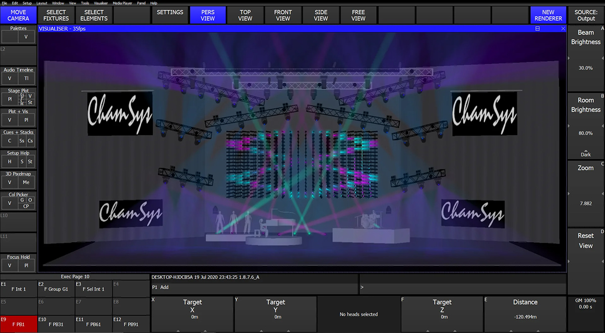 MagicQ software displaying a three-dimensional stage lighting visualisation.