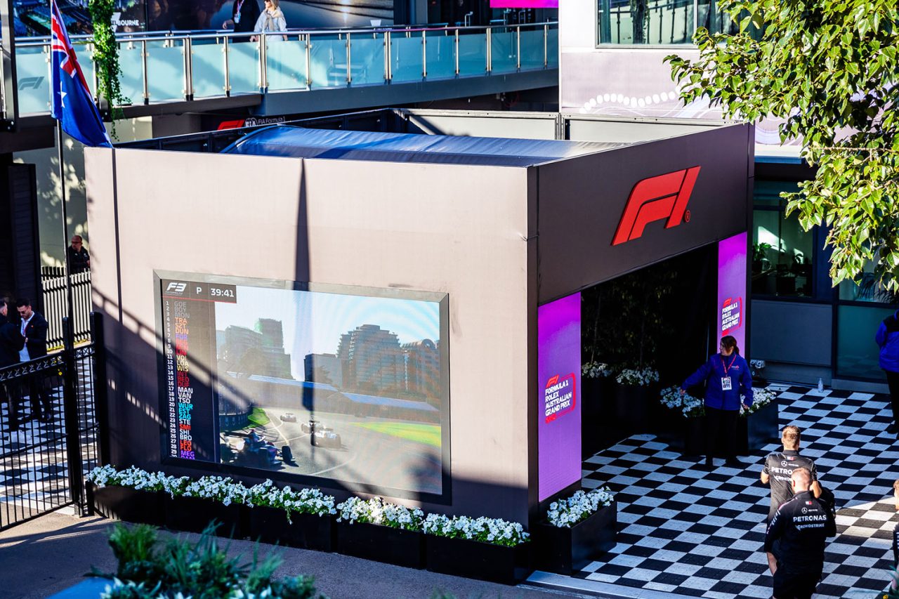 F1-branded pavilion with wraparound digital displays at the 2024 Australian Grand Prix.