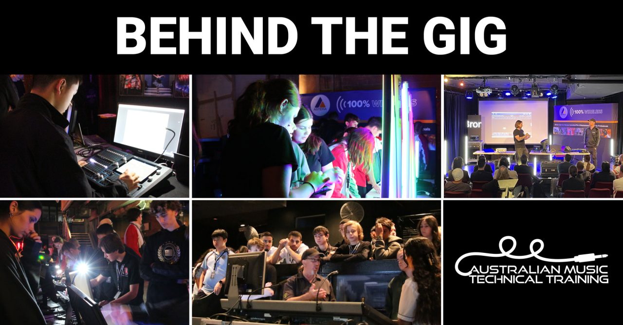 Behind the Gig collage showing students, production equipment and live event training.