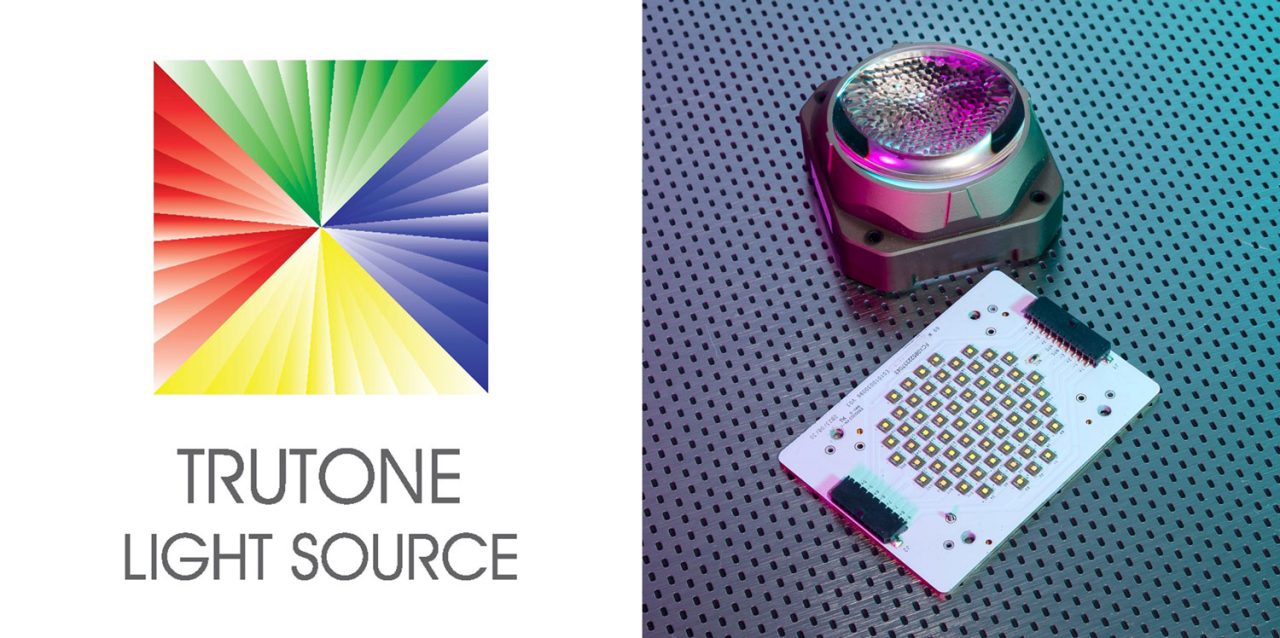 TruTone Light Source graphic with a colour spectrum, fixture and LED component.