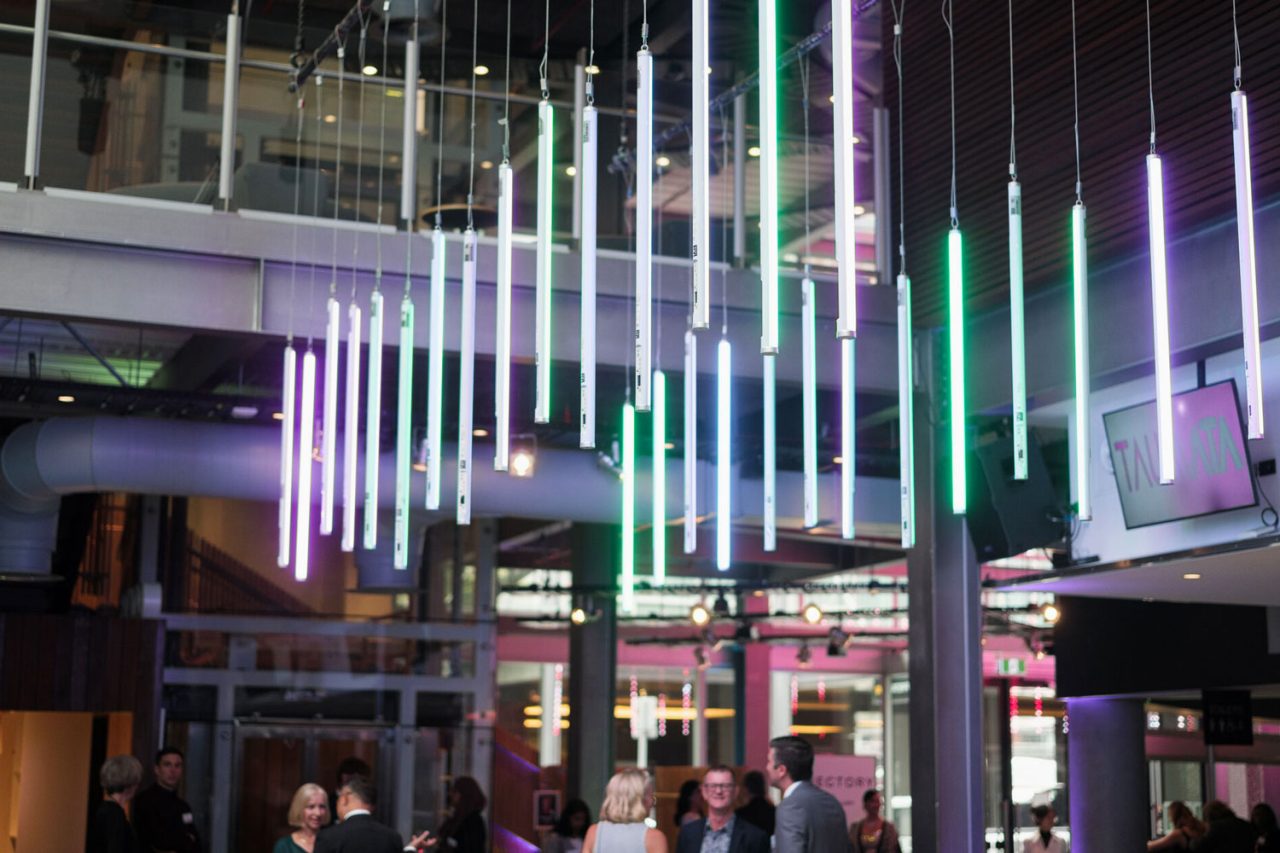 Colourful Astera tubes suspended above guests at TAUMATA 2024.