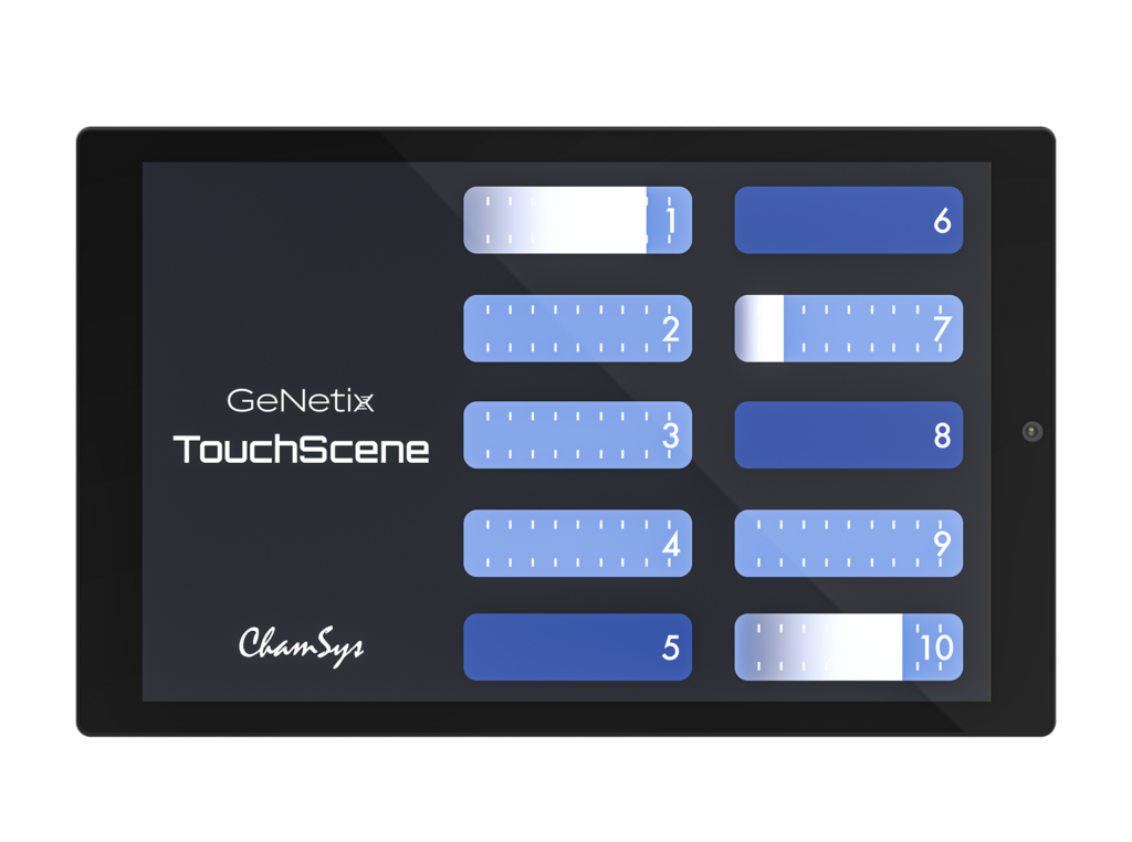 ChamSys GeNetix TouchScene wall panel with ten illuminated scene controls.