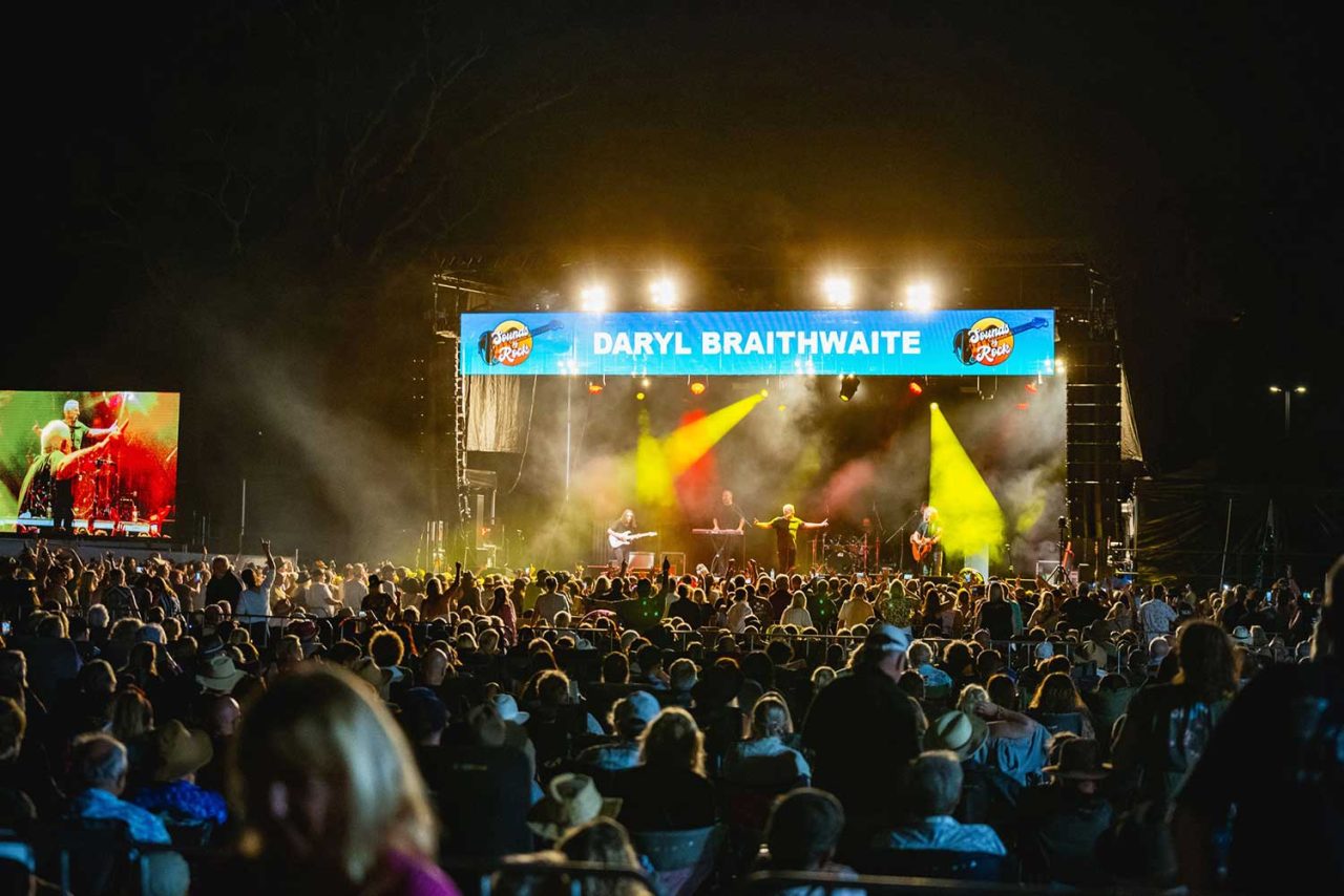 Crowd facing the Baby Animals stage under yellow lighting at Big Skies Festival 2024.