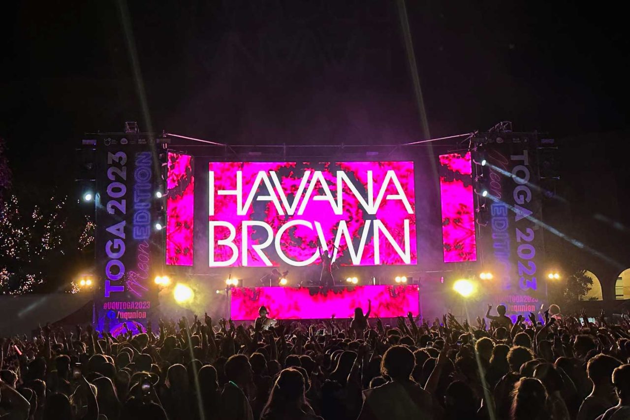 Havana Brown's name filling the pink LED backdrop at Big Skies Festival 2024.