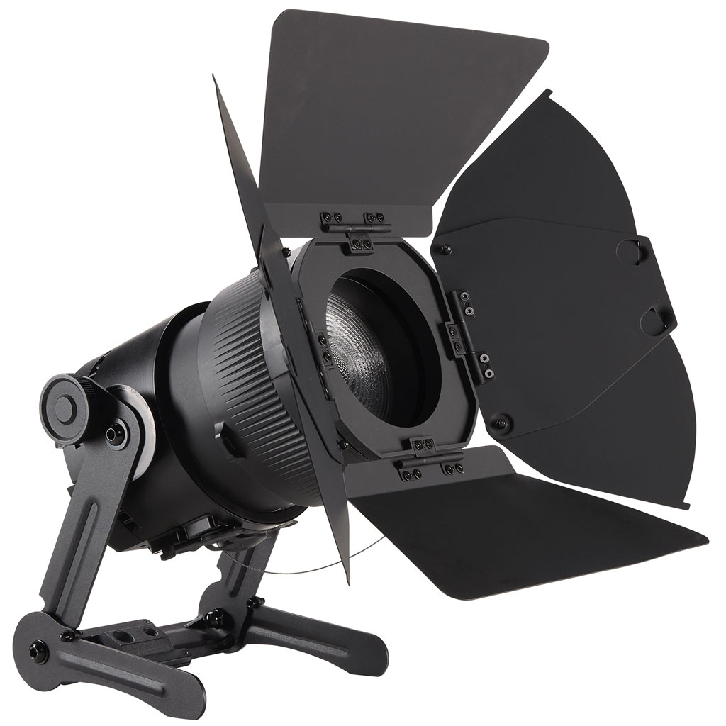 Astera QuikSpot Fresnel fixture fitted with open barn doors.