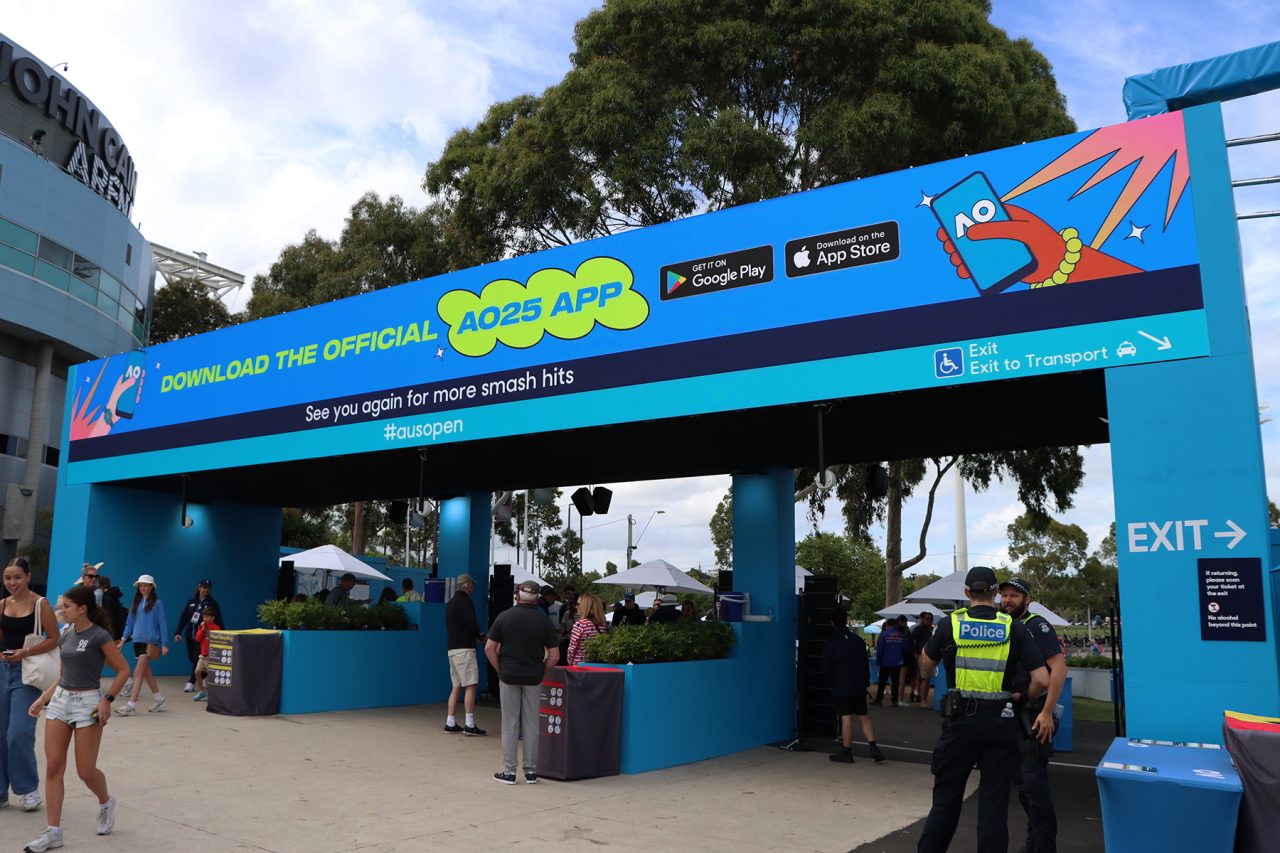 Digital banner above the Topcourt entrance at the 2025 Australian Open.