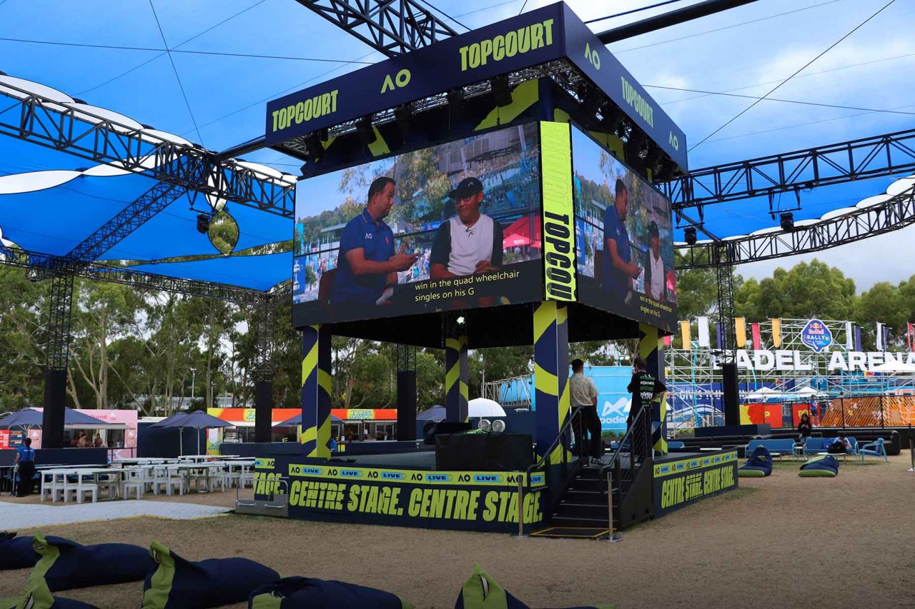Multisided Topcourt LED screen tower at the Australian Open 2025.
