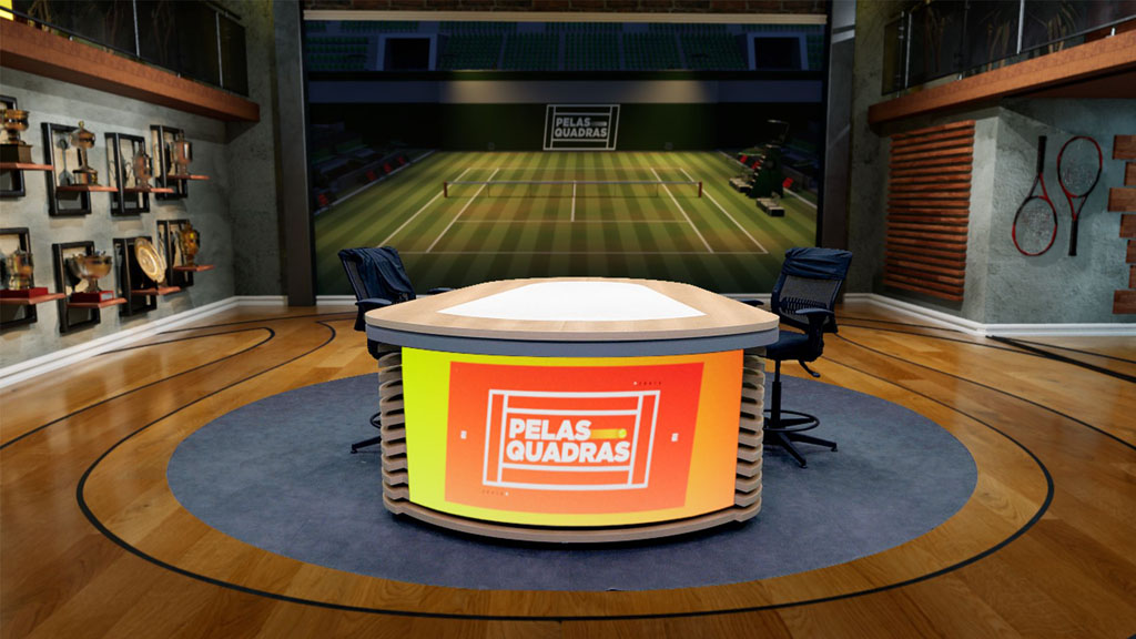 Basketball-themed virtual sports studio with a central desk and court floor.
