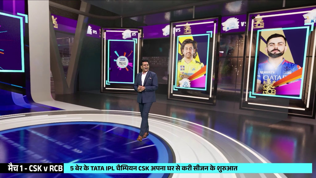 Cricket presenter surrounded by augmented player portraits in a virtual studio.