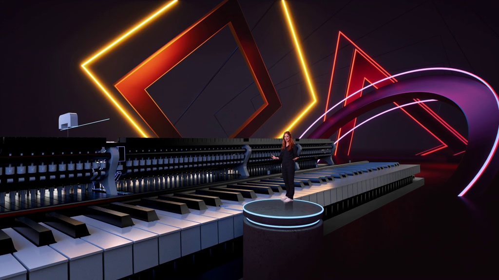 Virtual stage with oversized piano keys and illuminated geometric shapes for Take Off.