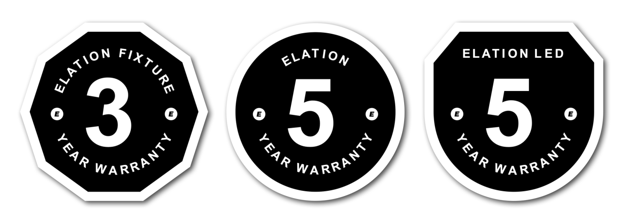 Promotional badges advertising three-year fixture and five-year Elation and LED warranties.