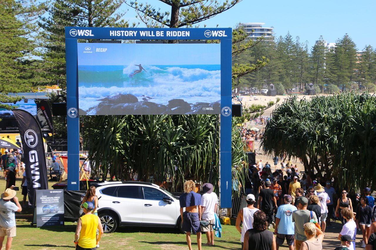 Large screen above the entrance to the Bonsoy Gold Coast Pro 2025 precinct.