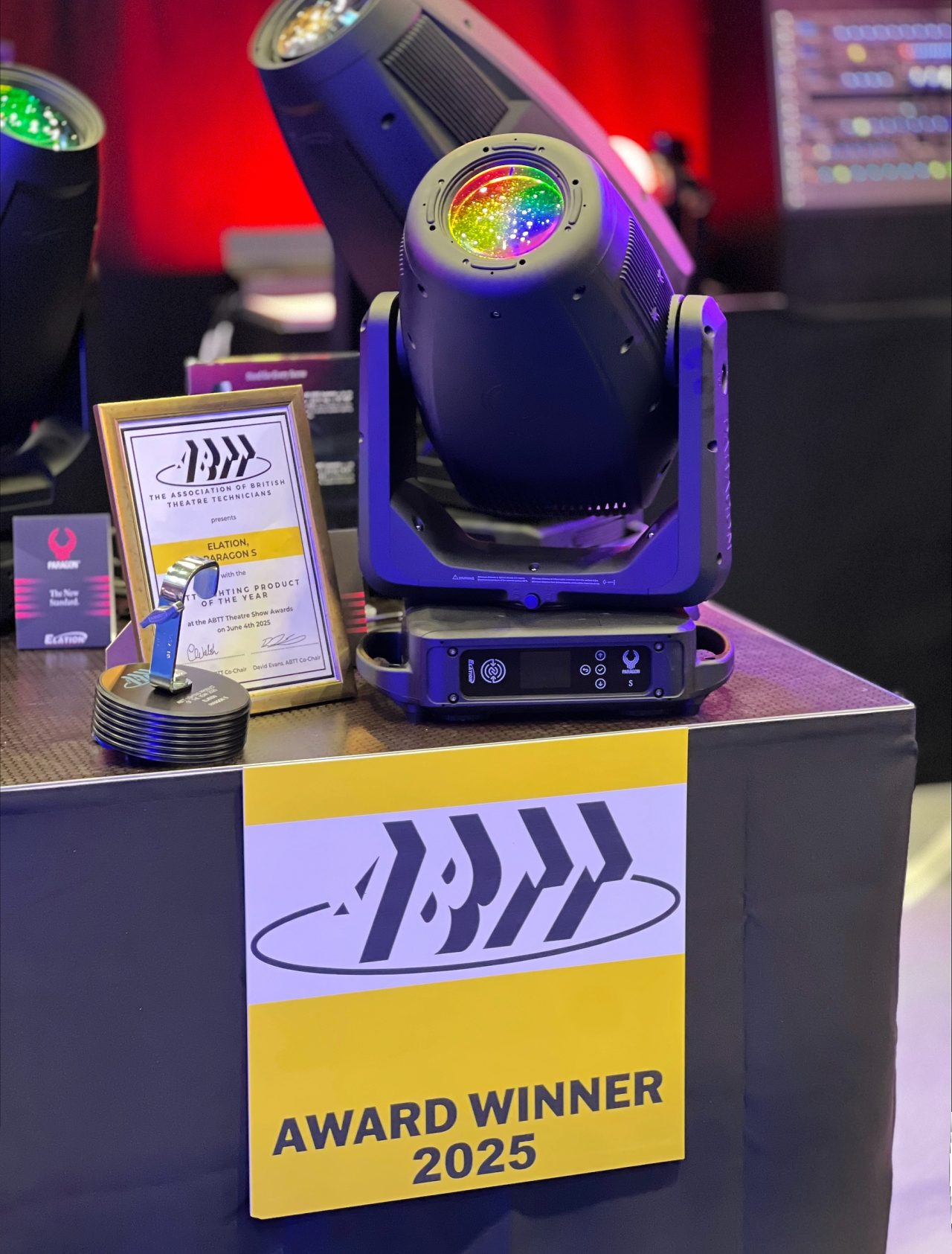 Elation Paragon fixture displayed with an ABTT Award Winner 2025 sign.
