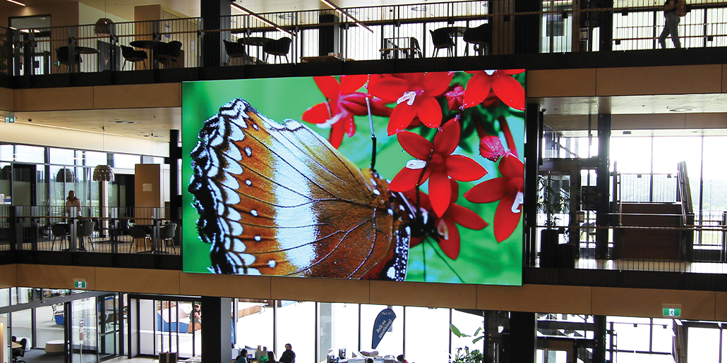 Large indoor LED screen showing a butterfly and red flowers in a multi-level atrium.