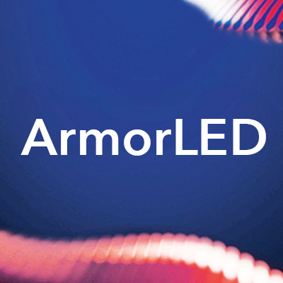 ArmorLED wordmark over a blue background with curved LED imagery.