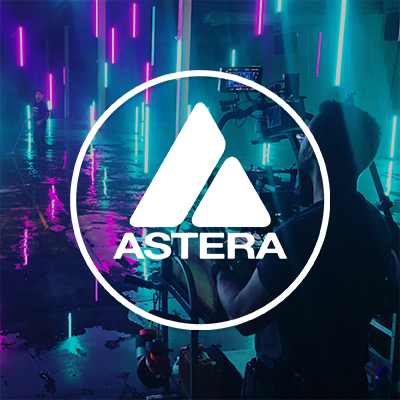 Astera logo over colourful vertical light tubes.