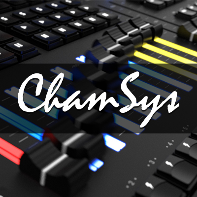 ChamSys logo over illuminated console faders.