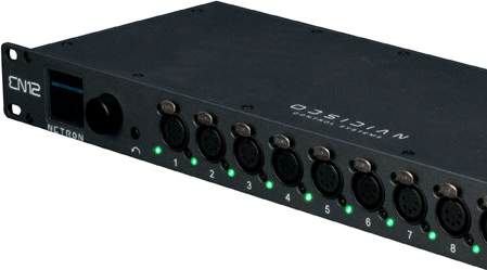 NETRON RDM10 rack unit with a row of data connectors and green indicators.