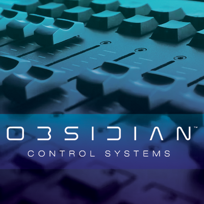 Obsidian Control Systems logo over console faders.