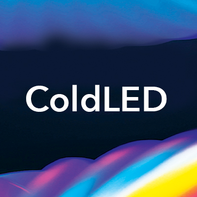 ColdLED lettering over a blue background and colourful abstract imagery.