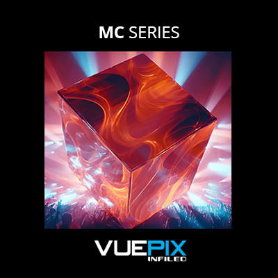 VuePix MC Series graphic showing colourful imagery on a cube-shaped display.