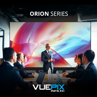 VuePix Orion Series graphic showing a presenter beside a large boardroom display.