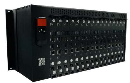 Large HIVE modular media server chassis with rows of connectors.