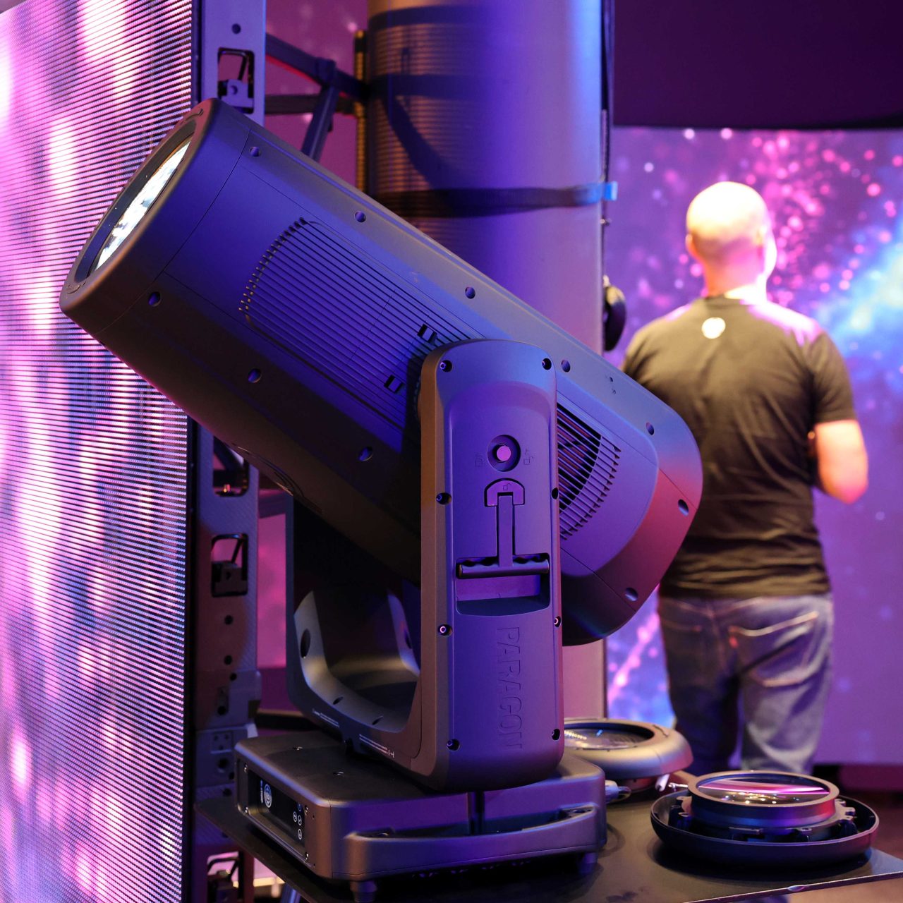 Close view of a moving-head fixture at the Sydney showroom opening.
