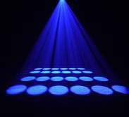 Blue beams creating rows of circular spots on the floor.