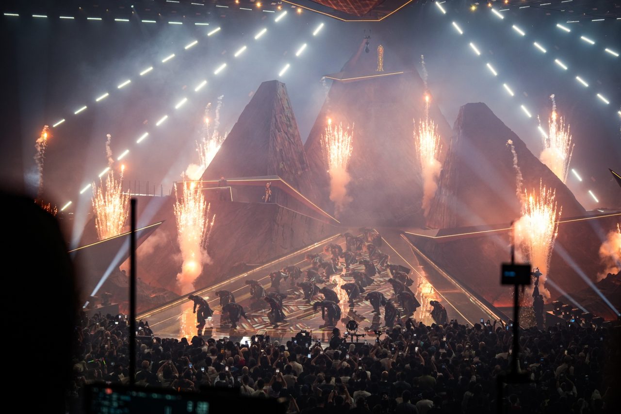 Flame effects above the stage during the E-Sports World Cup opening ceremony.